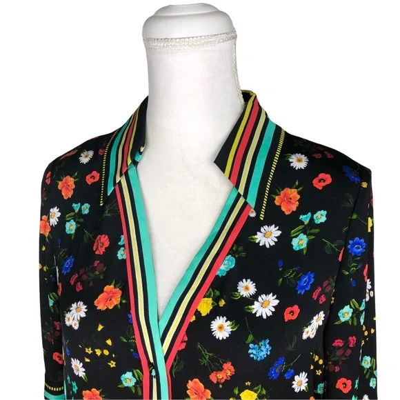 Alice Olivia black floral print blouse short-sleeve top sz small - Picture 2 of 16